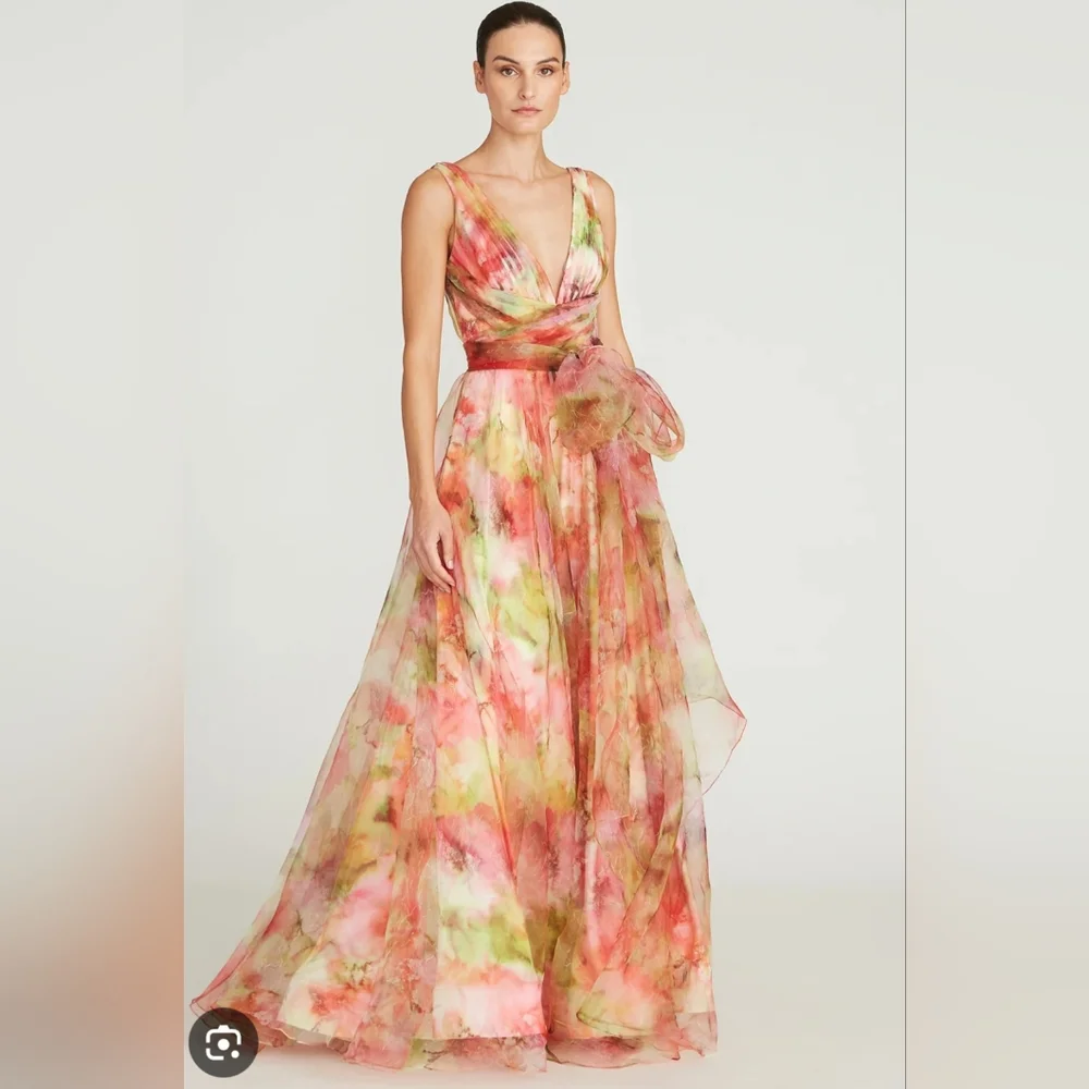 NWT Theia Faye Painterly Bow Organza Lightweight Chiffon Flowy A-line Gown 4‎ - Picture 3 of 15